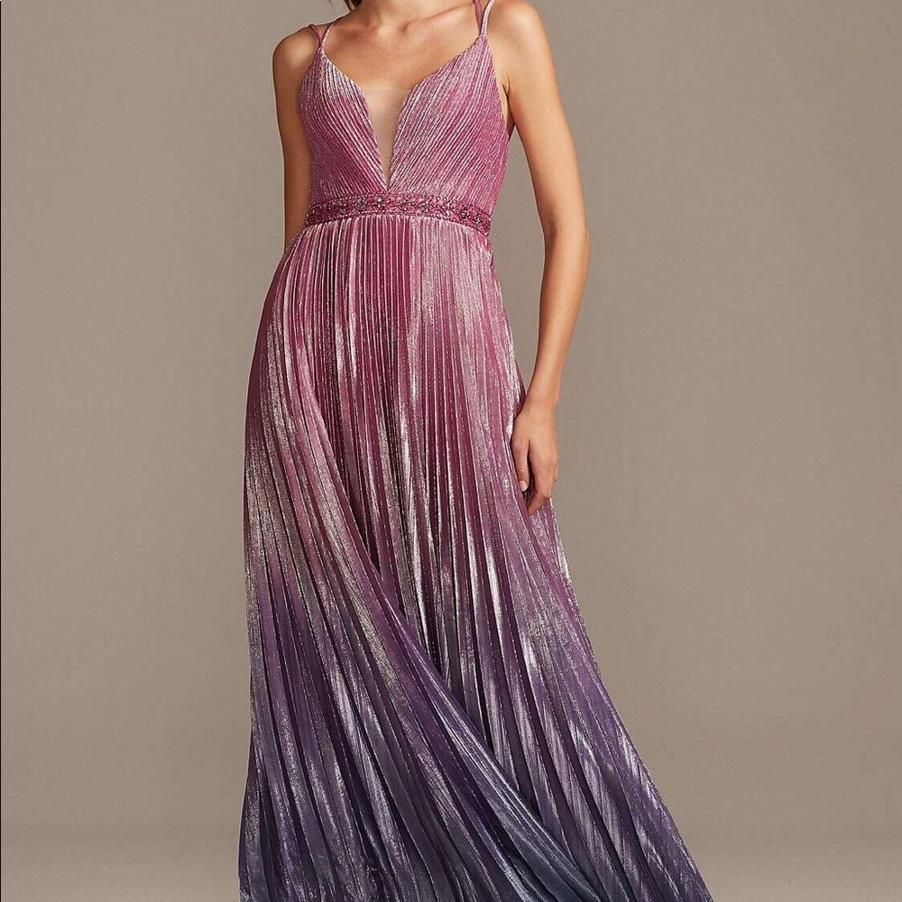 NWT David’s bridal Metallic Pleated Ombre Gown with Plunge Illusion dress.
